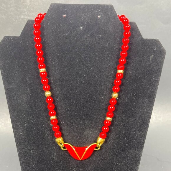 Napier Enamel Pendant Necklace Signed Red Gold Tone Bead Business Classic VTG - Picture 3 of 10